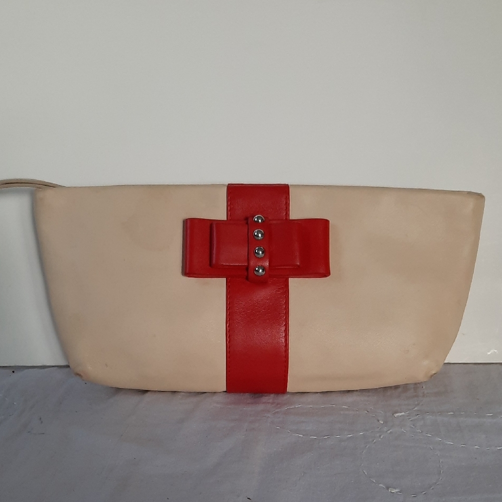 Christian Louboutin Beige Clutch with Red Bow